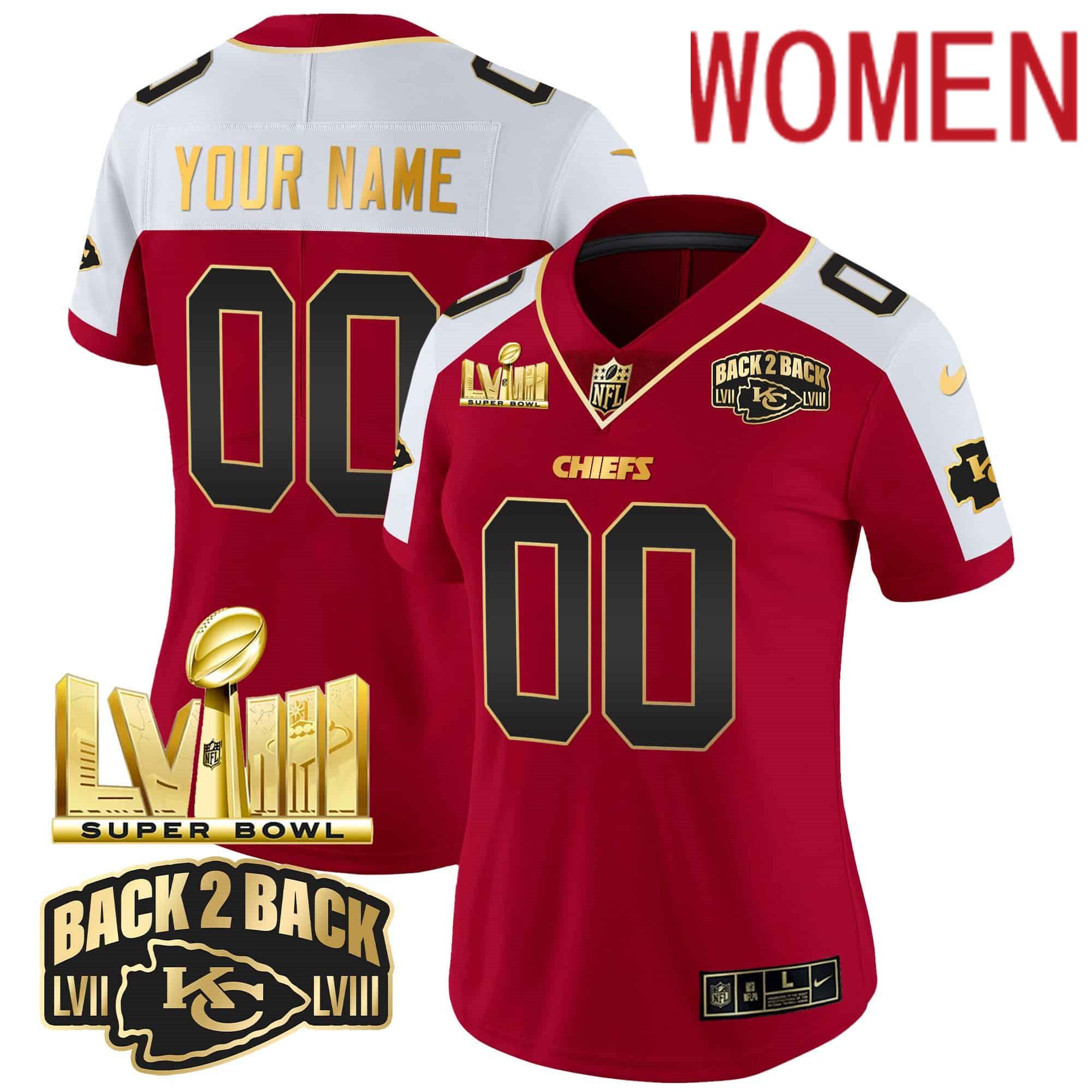 Women Kansas City Chiefs Red 2024 Nike Super Bowl LVIII & Back-2-Back Gold Patch Vapor Custom NFL Jersey->customized nfl jersey->Custom Jersey